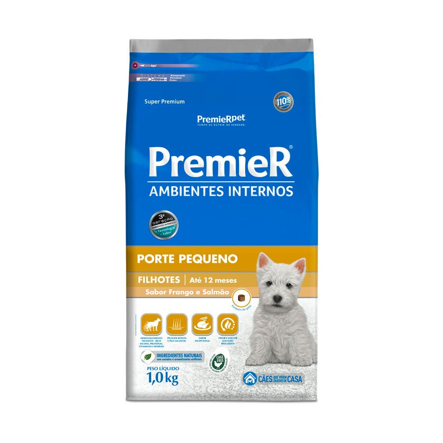 Ração Premier para Cães Filhotes de Raças Pequenas Ambientes Internos Sabor Frango e Salmão