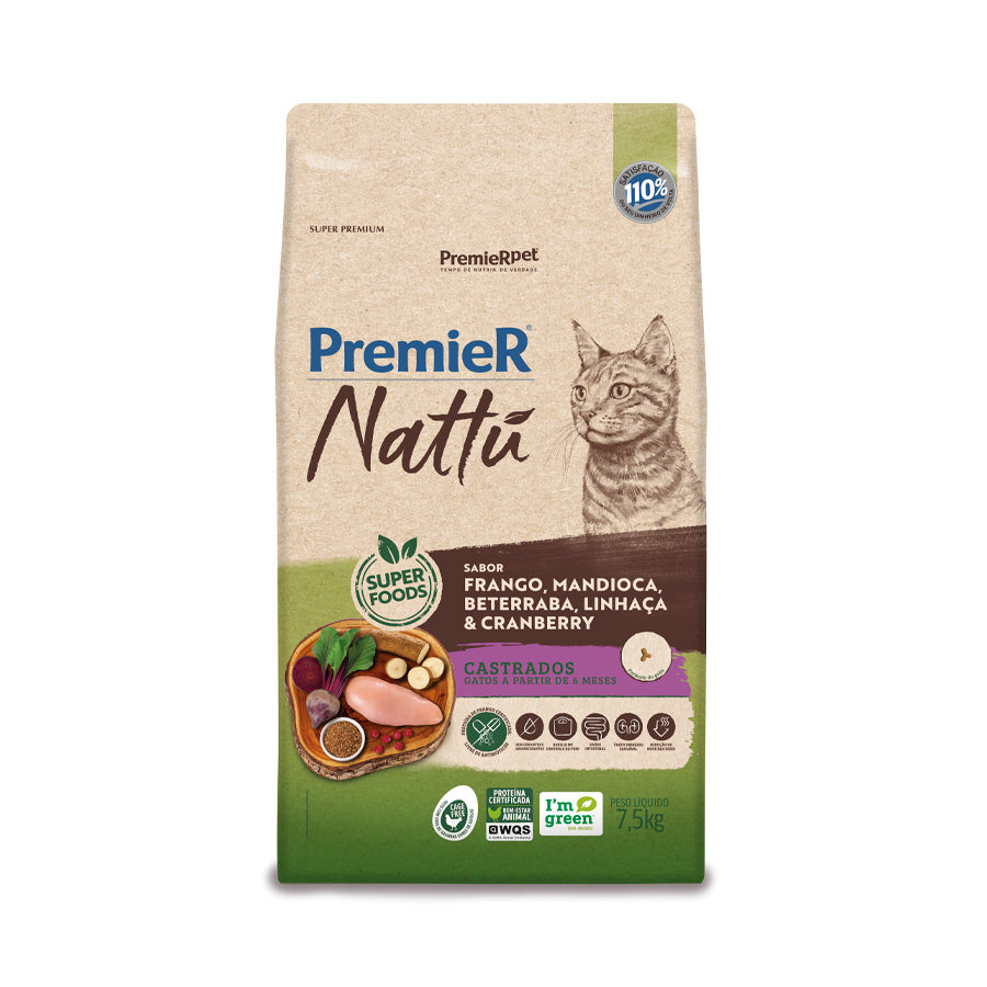 Ração Premier Nattu para Gatos Adultos Castrados Sabor Mandioca