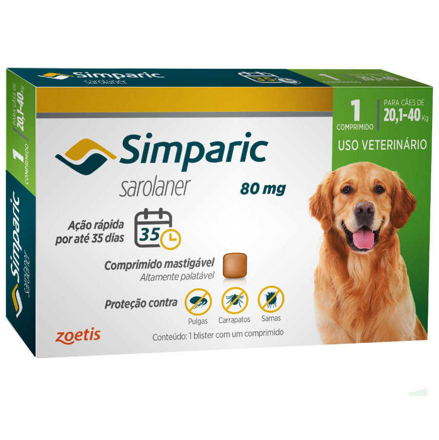 Antipulgas Simparic 80 mg para cães 20,1 a 40 kg - Zoetis