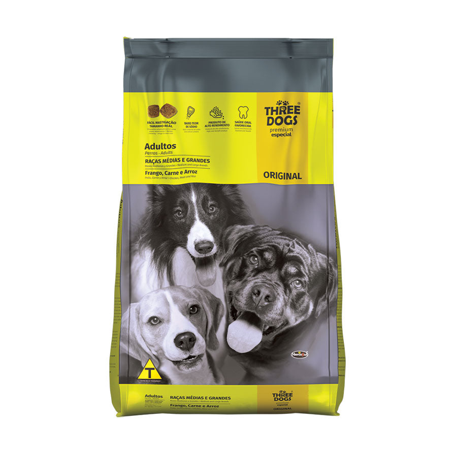 Ração Three Dogs Original para Cães Adultos de Raças Médias e Grandes Sabor Frango, Carne e Arroz