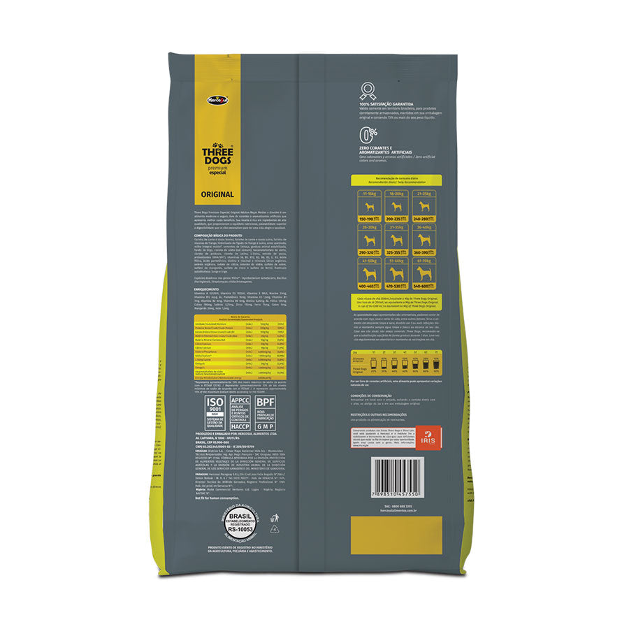 Ração Three Dogs Original para Cães Adultos de Raças Médias e Grandes Sabor Frango, Carne e Arroz