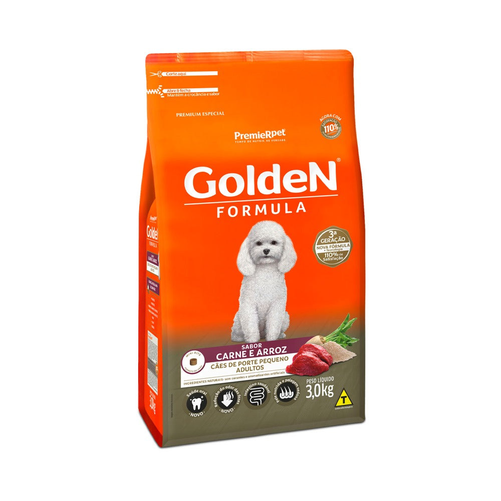 Ração Golden Fórmula Mini Bits Para Cães Adultos de Porte Pequeno Sabor Carne e Arroz