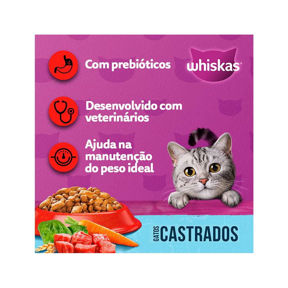 Ração Whiskas para Gatos Adultos Castrados Sabor Carne