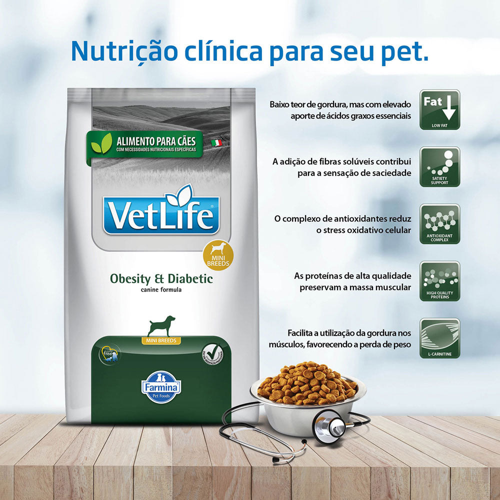 Ração Farmina Vet Life Natural Obesity e Diabetic para Cães Mini 2kg