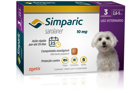Antipulgas Simparic 10 mg para cães 2,6 a 5 kg - Caixa com 3 comprimidos - Zoetis