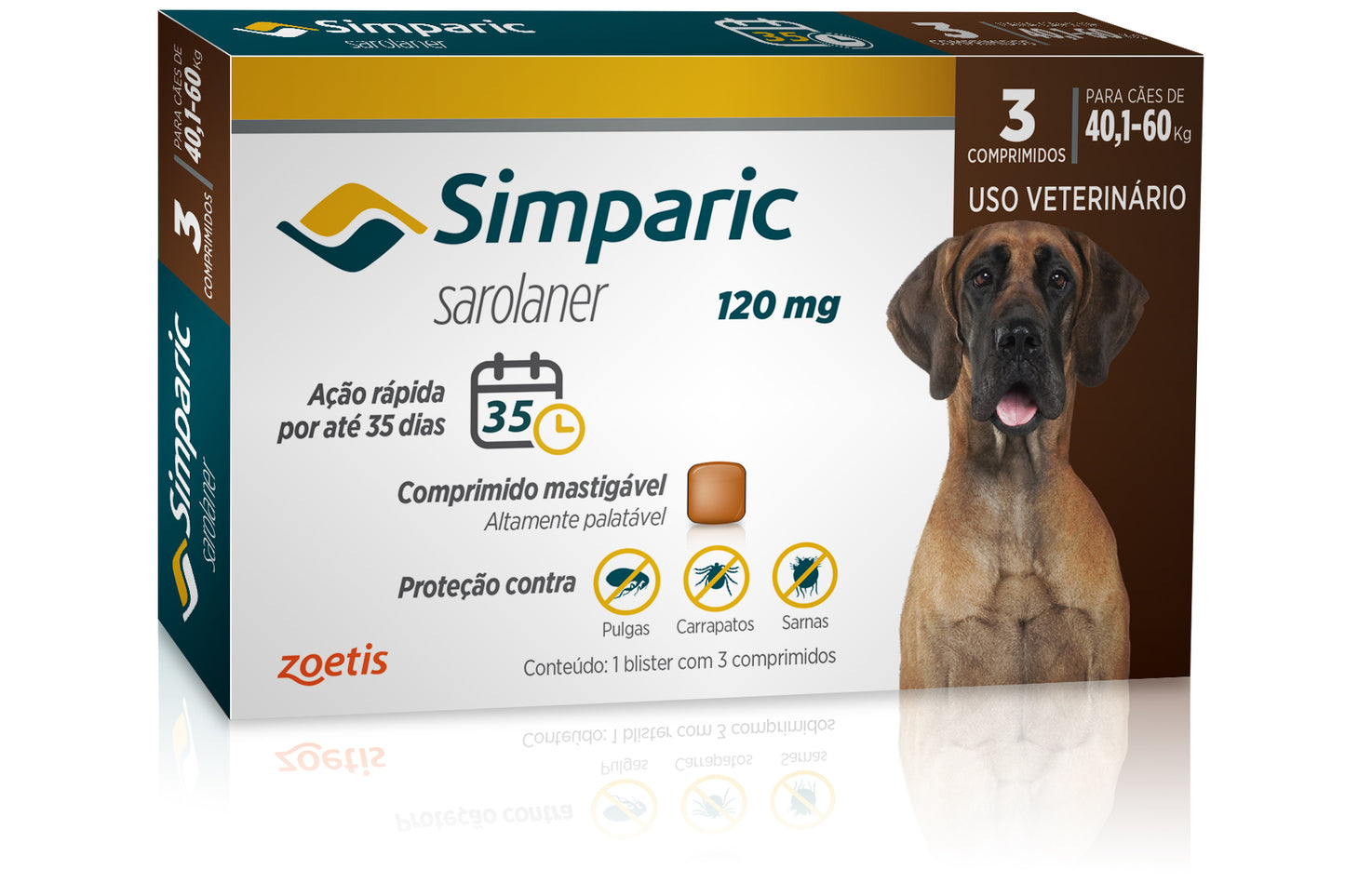Antipulgas Simparic 120 mg para cães 40,1 a 60 kg - Caixa com 3 comprimidos - Zoetis
