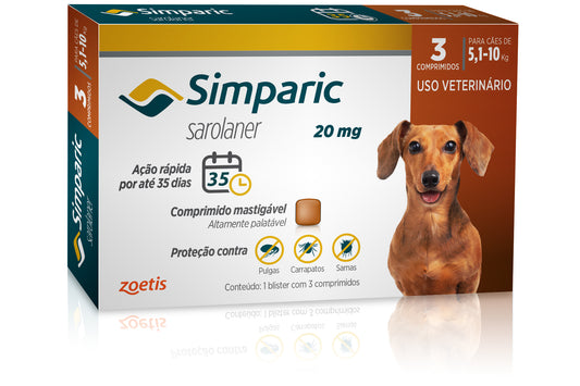 Antipulgas Simparic 20 mg para cães 5,1 a 10 kg - Caixa com 3 comprimidos - Zoetis