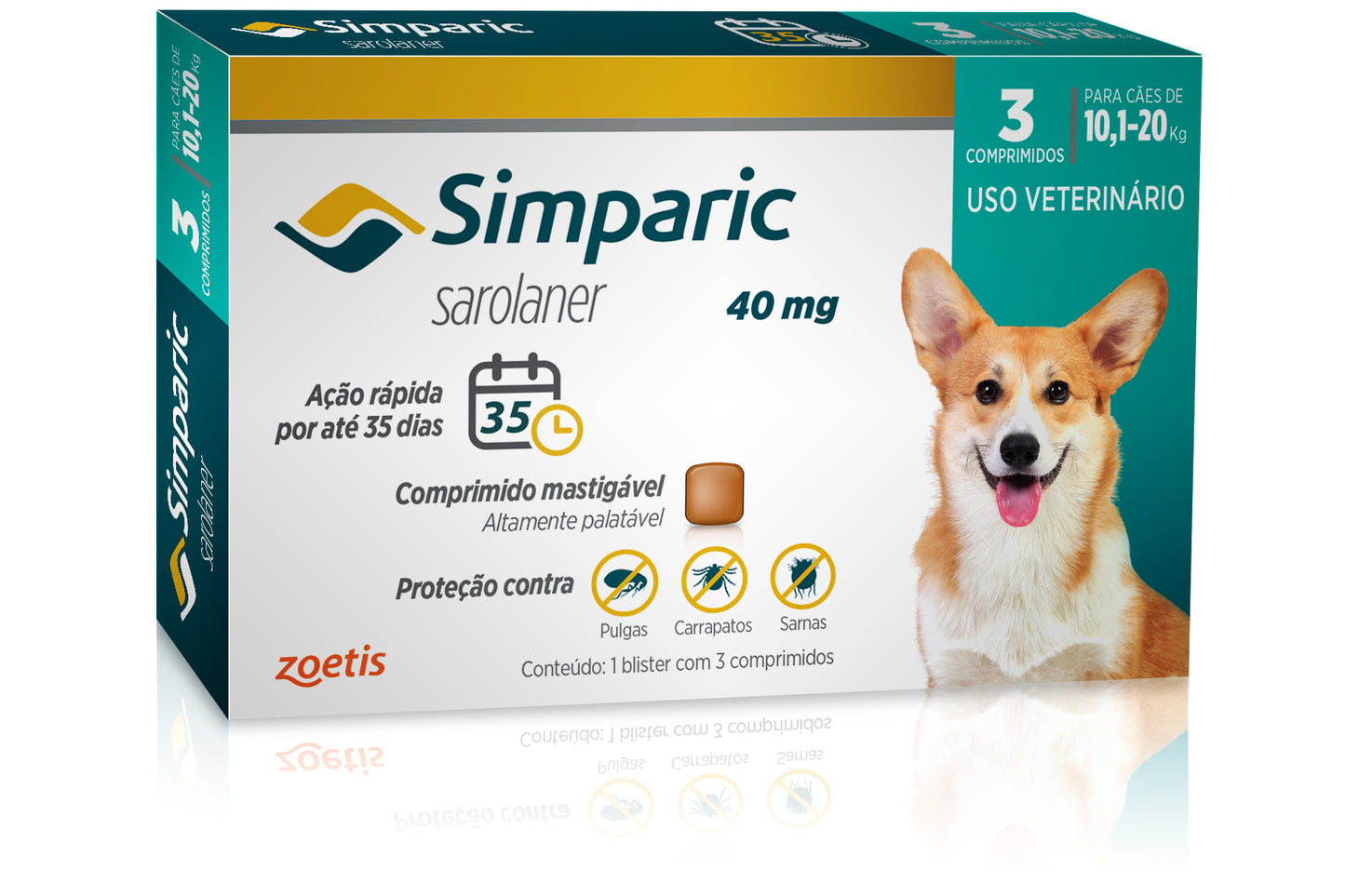 Antipulgas Simparic 40 mg para cães 10,1 a 20 kg - Caixa com 3 comprimidos - Zoetis