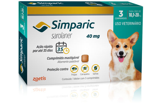 Antipulgas Simparic 40 mg para cães 10,1 a 20 kg - Caixa com 3 comprimidos - Zoetis