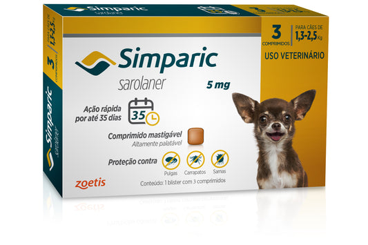 Antipulgas Simparic 5 mg para Cães 1,3 a 2,5 kg - caixa com 3 comprimidos - Zoets