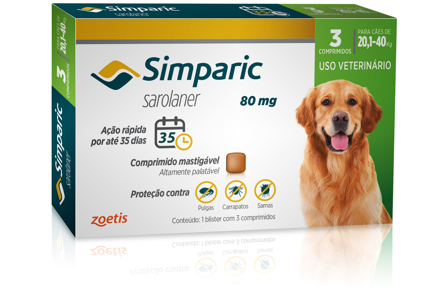 Antipulgas Simparic 80 mg para cães 20,1 a 40 kg - Zoetis