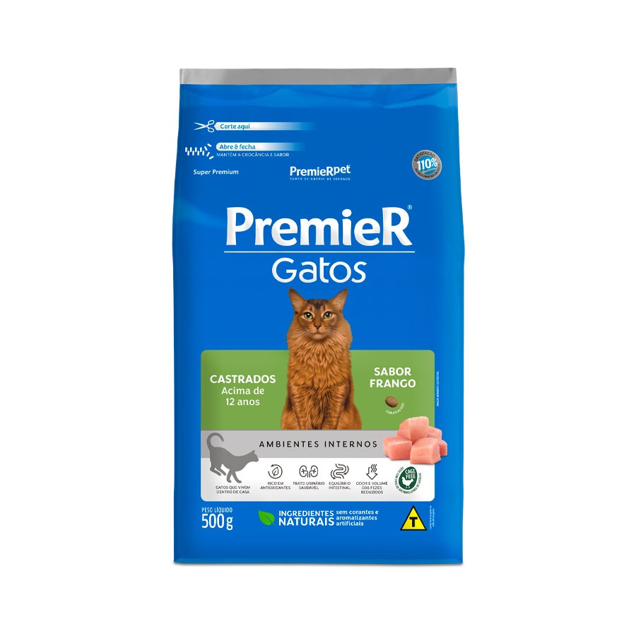 Ração Premier Ambientes Internos para Gatos Adultos Castrados 12+ Sabor Frango